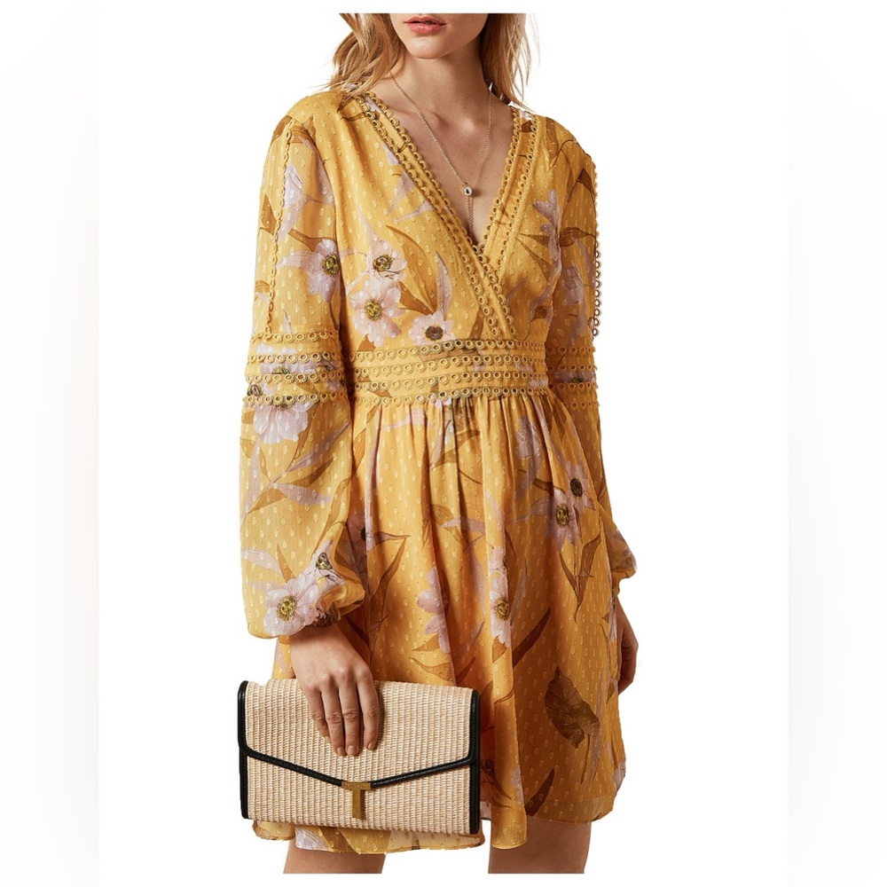 TED BAKER “Posyy” Yellow Mini V Neck Floral Dress w pockets - Picture 14 of 14